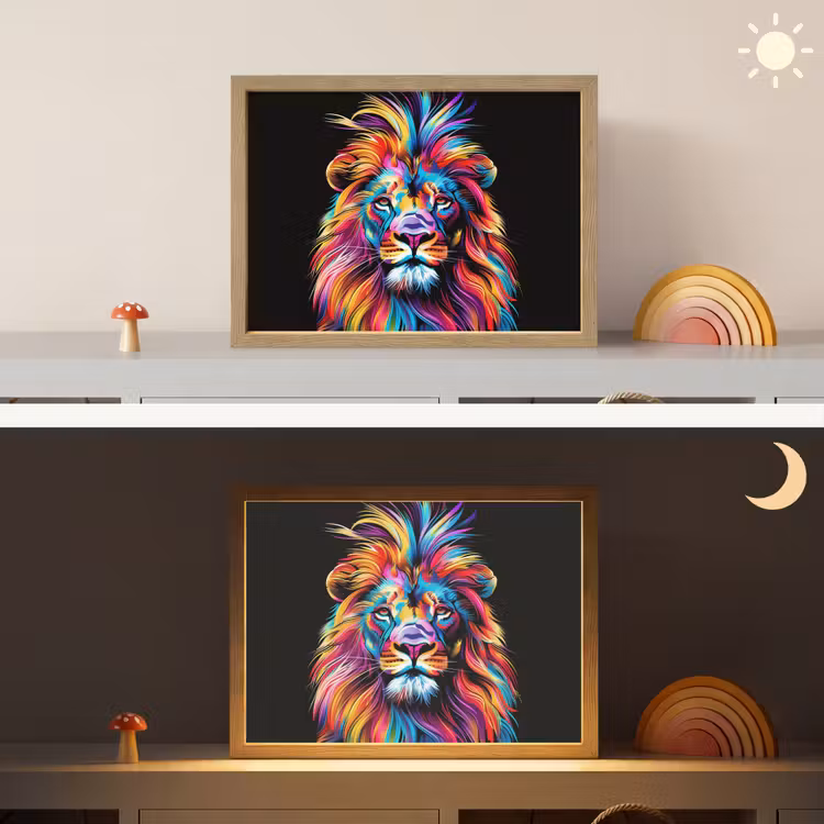 Leeuwen - Kleurrijk - Zwart - Dieren Light Box met batterij (Wandlamp kind) middel -sfeer3_kind