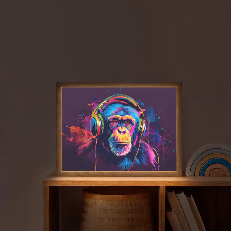 Aap - Koptelefoon - Muziek - Kleurrijk Light Box met batterij (Wandlamp kind) middel -sfeer1_kind