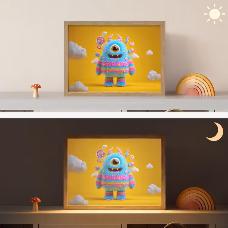 Monster - Snoep - Geel - Kleurrijk Light Box met batterij (Wandlamp kind) middel -sfeer3_kind