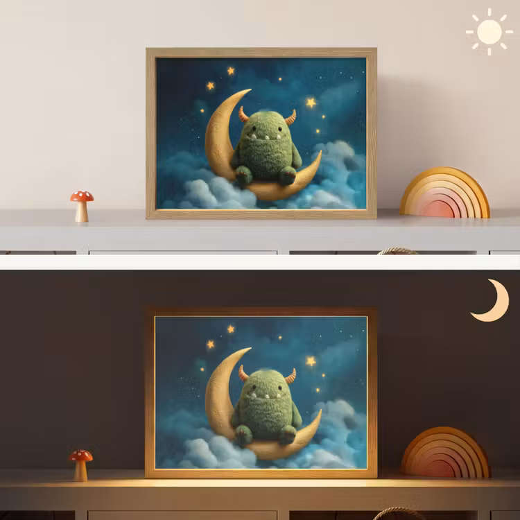 Monster - Groen - Maan - Wolken Light Box met batterij (Wandlamp kind) middel -sfeer3_kind