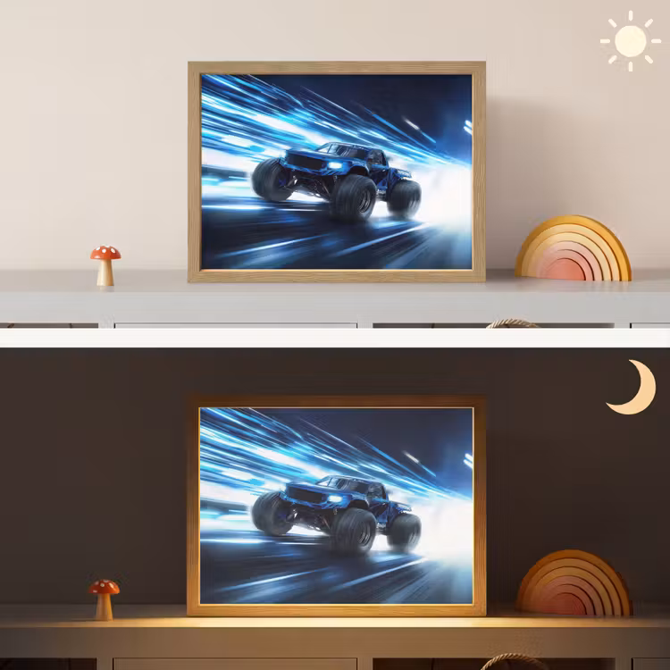 Monstertruck - Blauw - Neon - Lichten Light Box met batterij (Wandlamp kind) middel -sfeer3_kind
