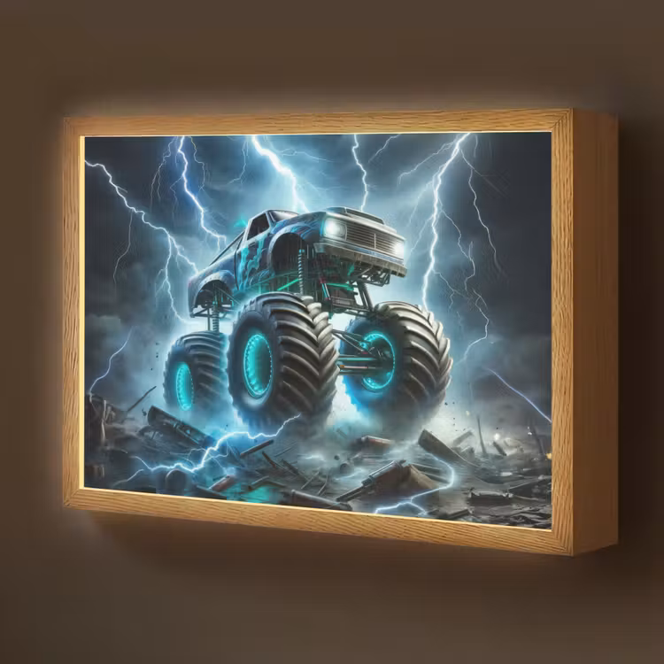 Monstertruck - Bliksem - Blauw - Jongens - Auto Light Box met batterij (Wandlamp kind) middel -z3d_website