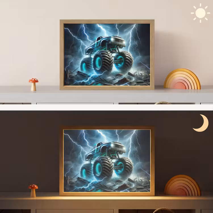 Monstertruck - Bliksem - Blauw - Jongens - Auto Light Box met batterij (Wandlamp kind) middel -sfeer3_kind