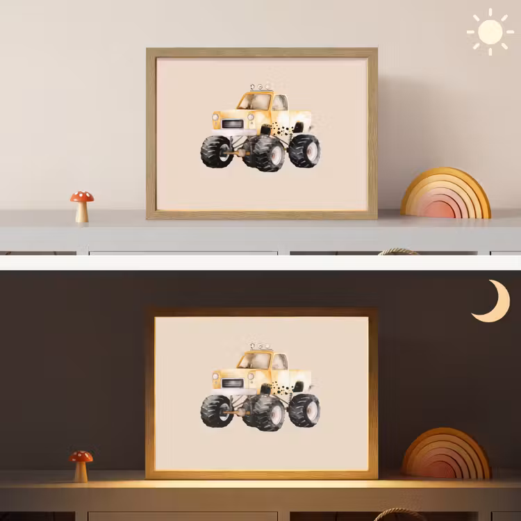 Monstertruck - Geel - Beige Light Box met batterij (Wandlamp kind) middel -sfeer3_kind