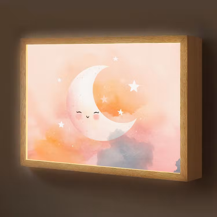 Maan - Gezichtje - Sterren - Roze Light Box met batterij (Wandlamp kind) middel -z3d_website