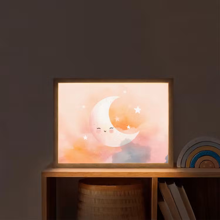 Maan - Gezichtje - Sterren - Roze Light Box met batterij (Wandlamp kind) middel -sfeer1_kind
