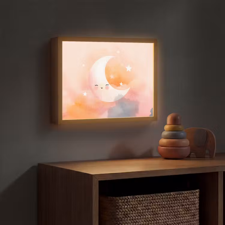 Maan - Gezichtje - Sterren - Roze Light Box met batterij (Wandlamp kind) middel -sfeer5_kind