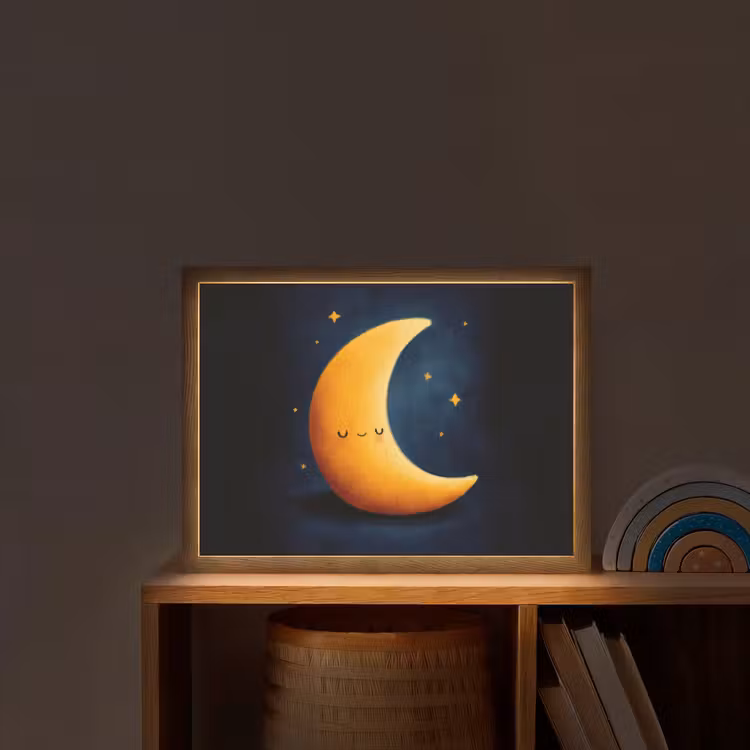 Maan - Geel - Sterren - Gezichtje Light Box met batterij (Wandlamp kind) middel -sfeer1_kind