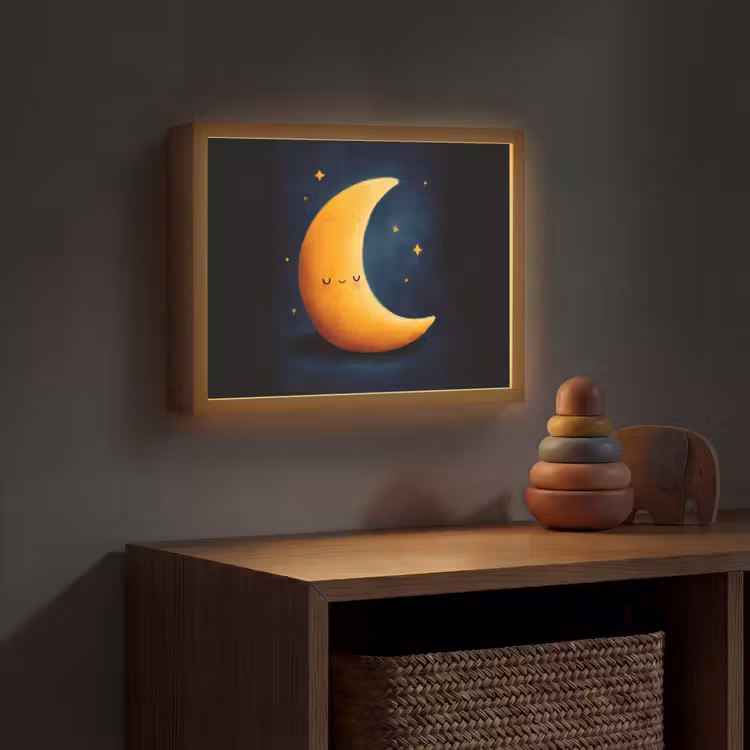 Maan - Geel - Sterren - Gezichtje Light Box met batterij (Wandlamp kind) middel -sfeer5_kind