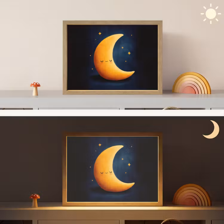 Maan - Geel - Sterren - Gezichtje Light Box met batterij (Wandlamp kind) middel -sfeer3_kind