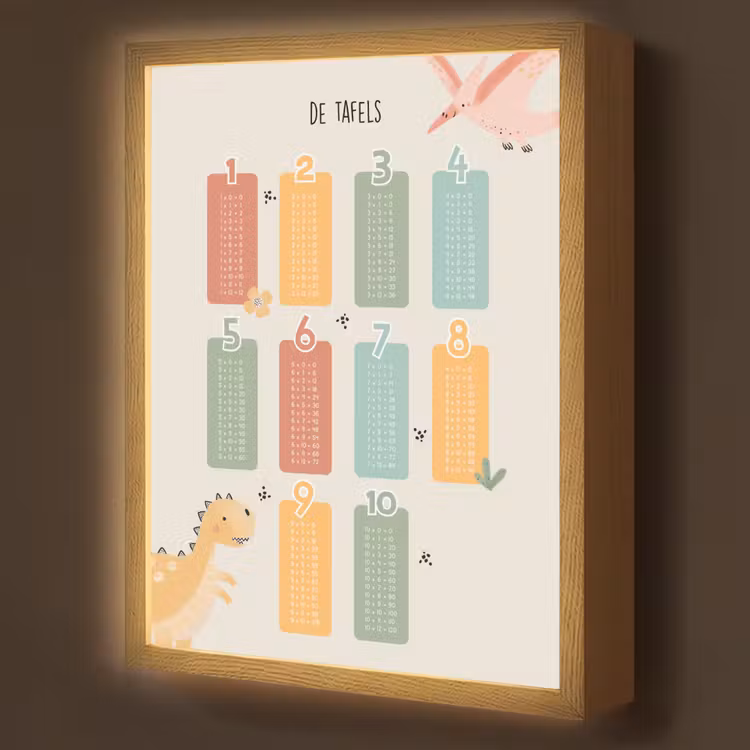 Tafels van vermenigvuldiging - Educatief - Leren rekenen voor kinderen - Cijfers oefenen - Dinosaurus Light Box met batterij (Wandlamp kind) middel -z3d_website