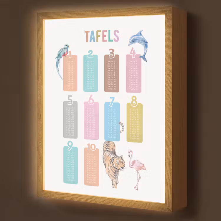 Tafels van vermenigvuldiging - Leren rekenen voor kinderen - Getallen oefenen - Dieren Light Box met batterij (Wandlamp kind) middel -z3d_website