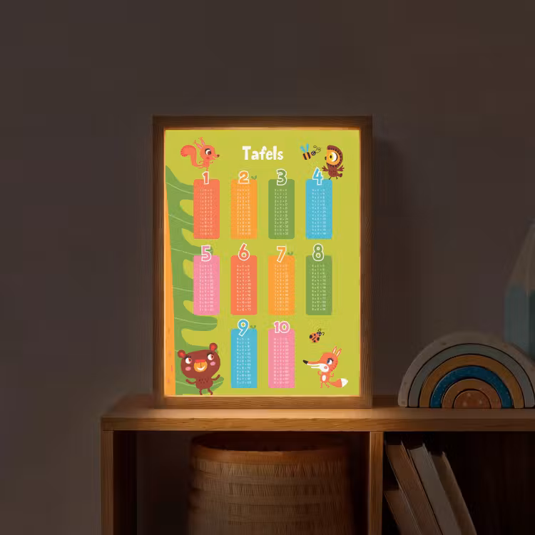 Tafels van vermenigvuldiging - Leren rekenen voor kinderen - Cijfers oefenen - Bosdieren - Groen Light Box met batterij (Wandlamp kind) middel -sfeer1_kind