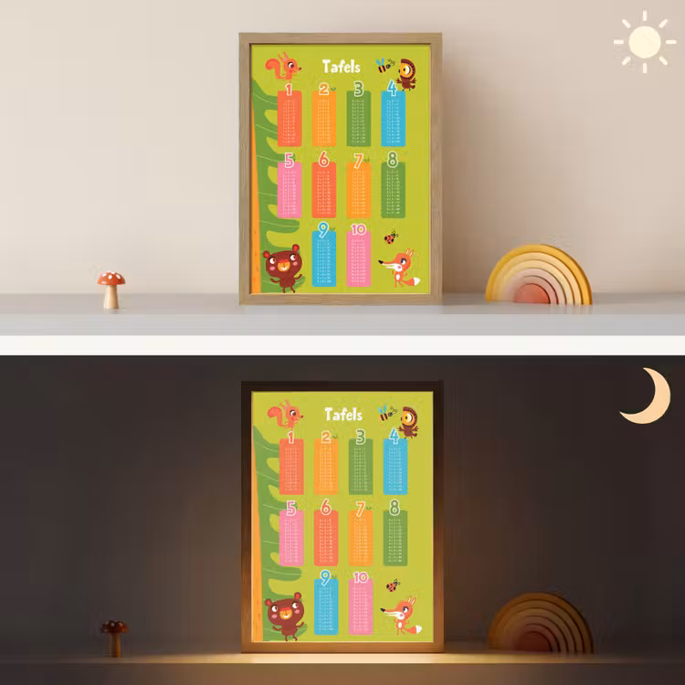 Tafels van vermenigvuldiging - Leren rekenen voor kinderen - Cijfers oefenen - Bosdieren - Groen Light Box met batterij (Wandlamp kind) middel -sfeer3_kind