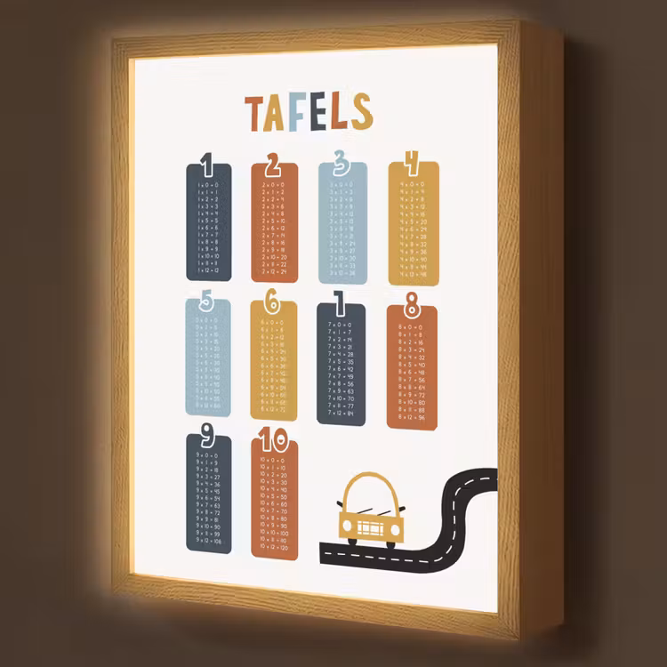 Tafels van vermenigvuldiging - Leren rekenen voor kinderen - Getallen oefenen - Cijfers - Auto Light Box met batterij (Wandlamp kind) middel -z3d_website