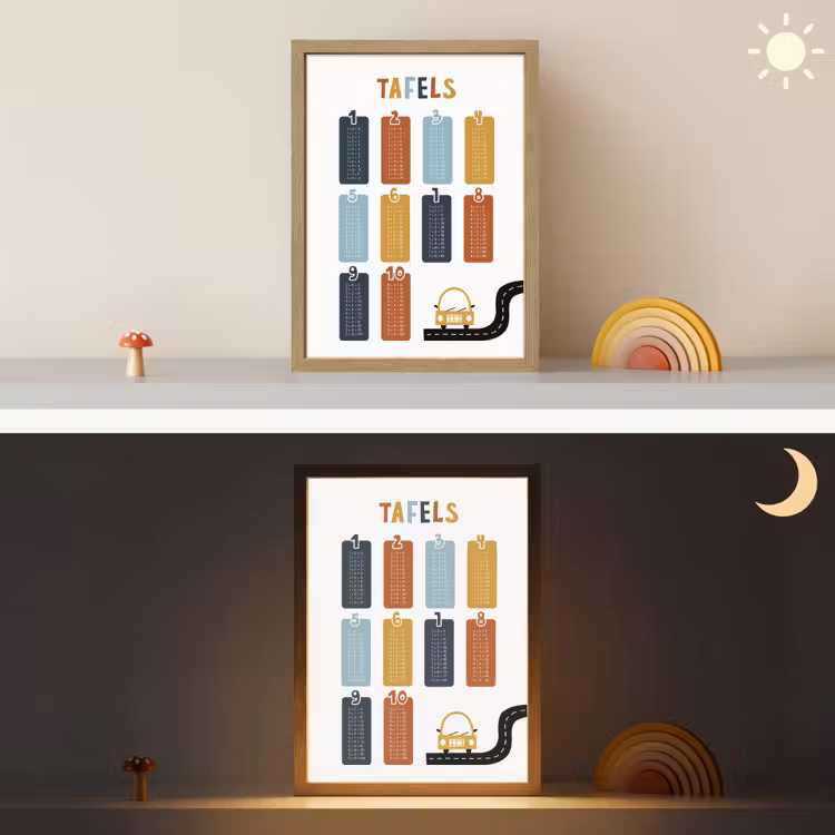 Tafels van vermenigvuldiging - Leren rekenen voor kinderen - Getallen oefenen - Cijfers - Auto Light Box met batterij (Wandlamp kind) middel -sfeer3_kind