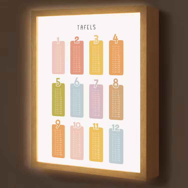 Tafels van vermenigvuldiging - Leren rekenen voor kinderen - Getallen oefenen - Cijfers - Kleuren Light Box met batterij (Wandlamp kind) middel -z3d_website