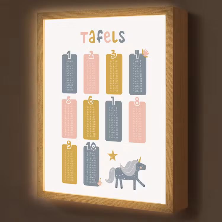 Tafels van vermenigvuldiging - Leren rekenen voor kinderen - Getallen oefenen - Cijfers - Eenhoorn Light Box met batterij (Wandlamp kind) middel -z3d_website