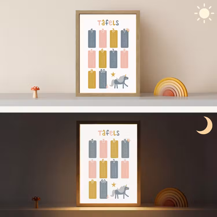 Tafels van vermenigvuldiging - Leren rekenen voor kinderen - Getallen oefenen - Cijfers - Eenhoorn Light Box met batterij (Wandlamp kind) middel -sfeer3_kind