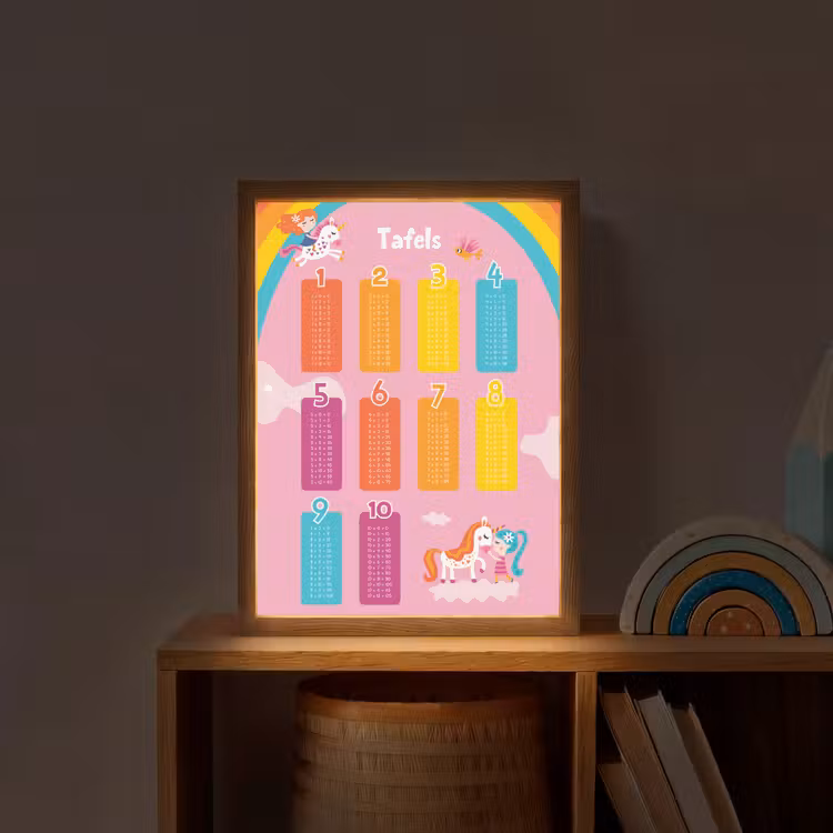 Tafels van vermenigvuldiging - Leren rekenen voor kinderen - Cijfers oefenen - Eenhoorn - Roze Light Box met batterij (Wandlamp kind) middel -sfeer1_kind