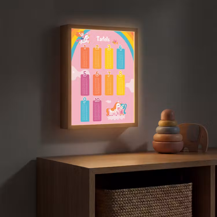 Tafels van vermenigvuldiging - Leren rekenen voor kinderen - Cijfers oefenen - Eenhoorn - Roze Light Box met batterij (Wandlamp kind) middel -sfeer5_kind
