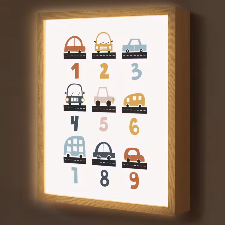 Getallen - Educatief - Leren tellen - Cijfers oefenen voor kinderen - Auto's - Voertuigen Light Box met batterij (Wandlamp kind) middel -z3d_website
