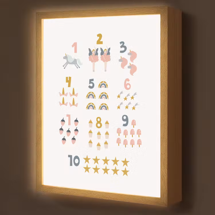 Getallen - Educatief - Leren tellen - Cijfers oefenen voor kinderen - Roze - Eenhoorn - Regenboog Light Box met batterij (Wandlamp kind) middel -z3d_website
