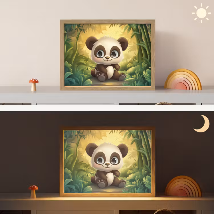Panda - Cartoon - Bamboebos - Zwart Light Box met batterij (Wandlamp kind) middel -sfeer3_kind
