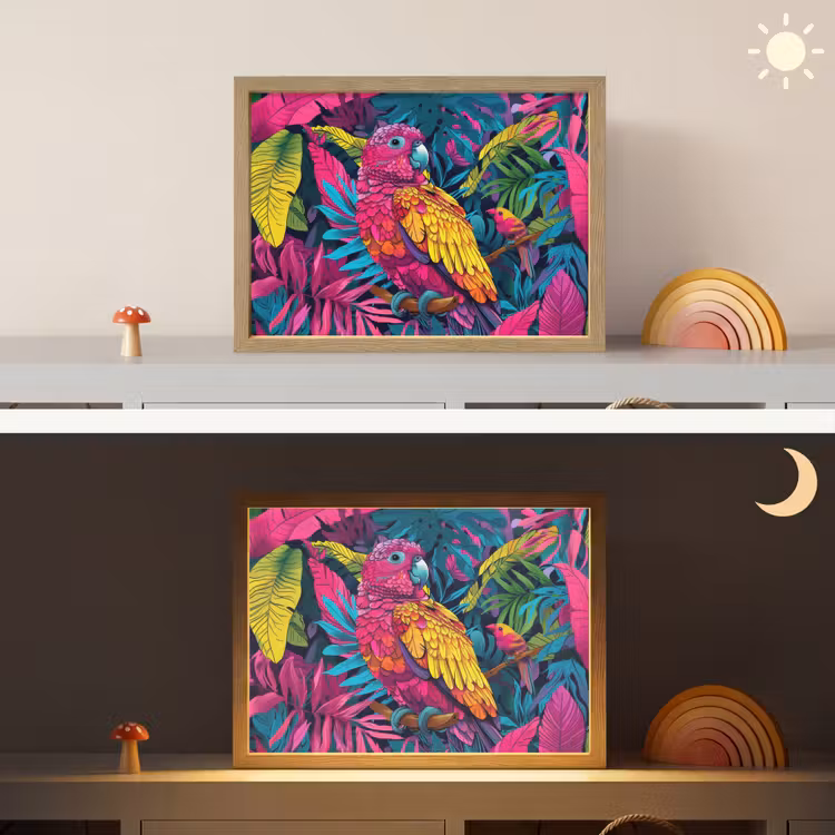 Papegaai - Tropisch - Jungle - Kleurrijk Light Box met batterij (Wandlamp kind) middel -sfeer3_kind