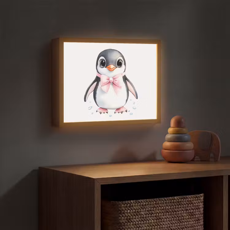 Pinguïn - Strikje - Roze - Dier Light Box met batterij (Wandlamp kind) middel -sfeer5_kind