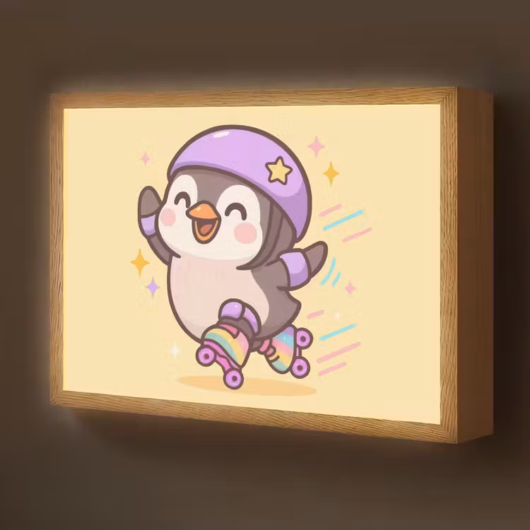 Pinguïn - Rolschaatsen - Geel - Energiek Light Box met batterij (Wandlamp kind) middel -z3d_website