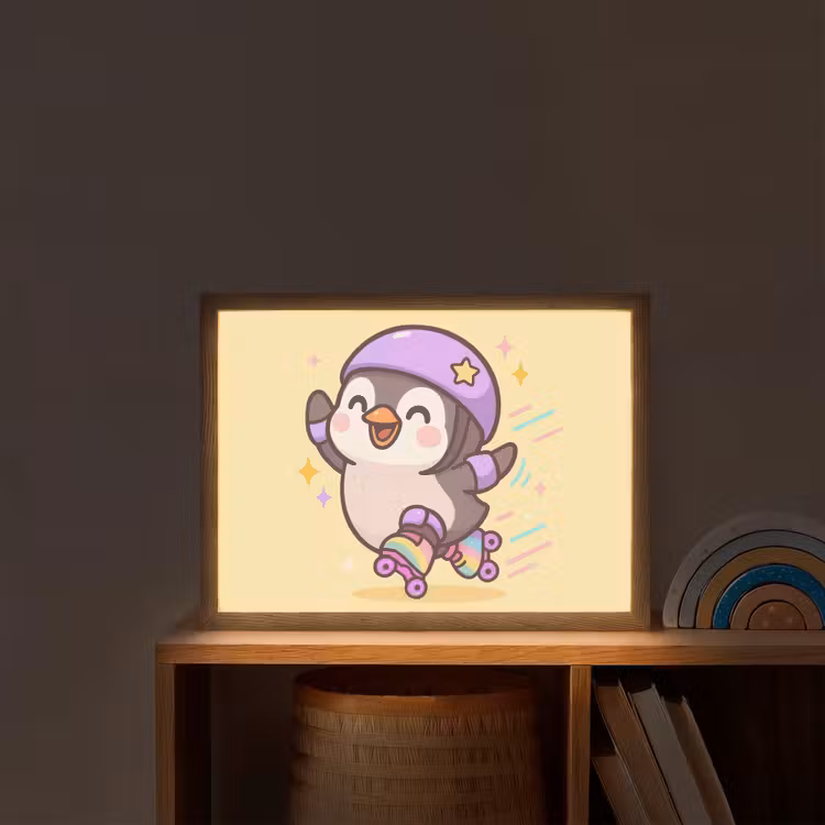 Pinguïn - Rolschaatsen - Geel - Energiek Light Box met batterij (Wandlamp kind) middel -sfeer1_kind
