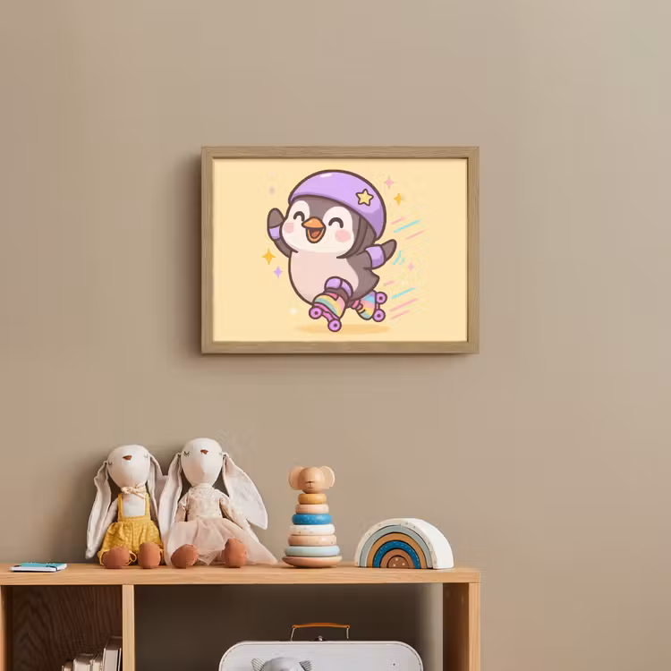 Pinguïn - Rolschaatsen - Geel - Energiek Light Box met batterij (Wandlamp kind) middel -sfeer2_kind