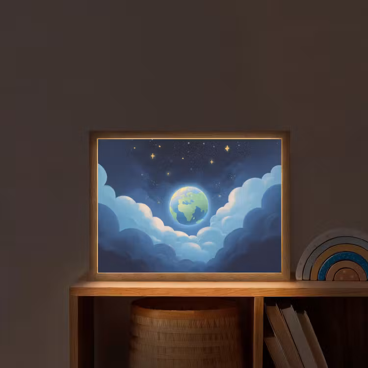 Planeet - Wolken - Sterren - Blauw Light Box met batterij (Wandlamp kind) middel -sfeer1_kind