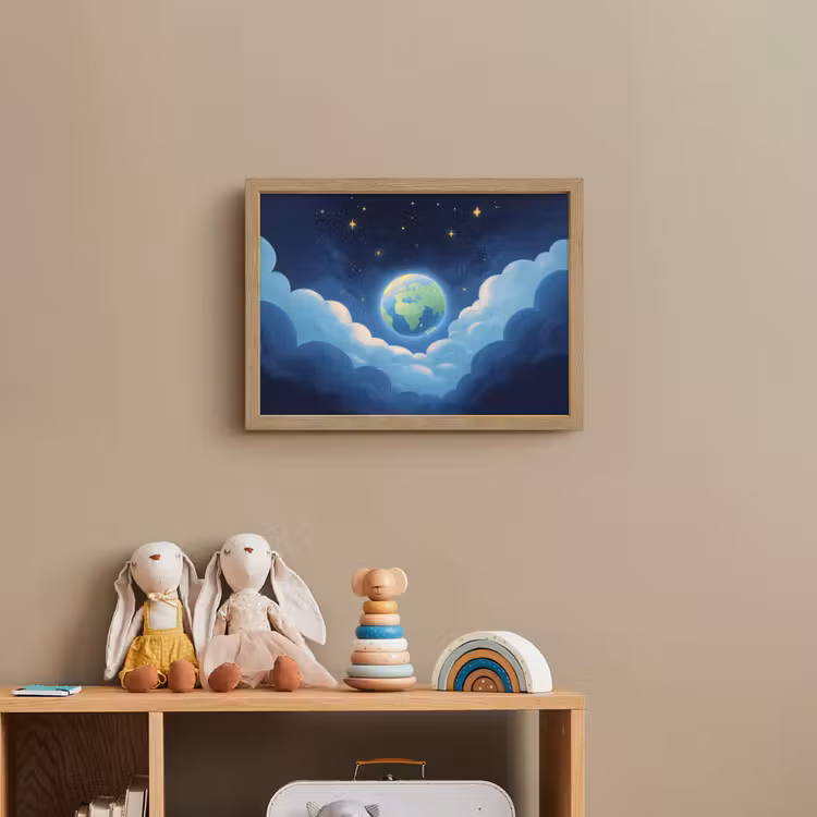 Planeet - Wolken - Sterren - Blauw Light Box met batterij (Wandlamp kind) middel -sfeer2_kind