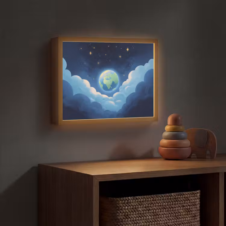 Planeet - Wolken - Sterren - Blauw Light Box met batterij (Wandlamp kind) middel -sfeer5_kind