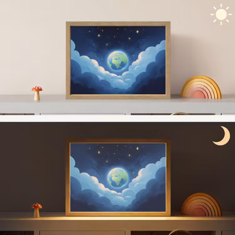 Planeet - Wolken - Sterren - Blauw Light Box met batterij (Wandlamp kind) middel -sfeer3_kind