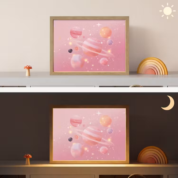 Planeten - Roze - Sterren Light Box met batterij (Wandlamp kind) middel -sfeer3_kind