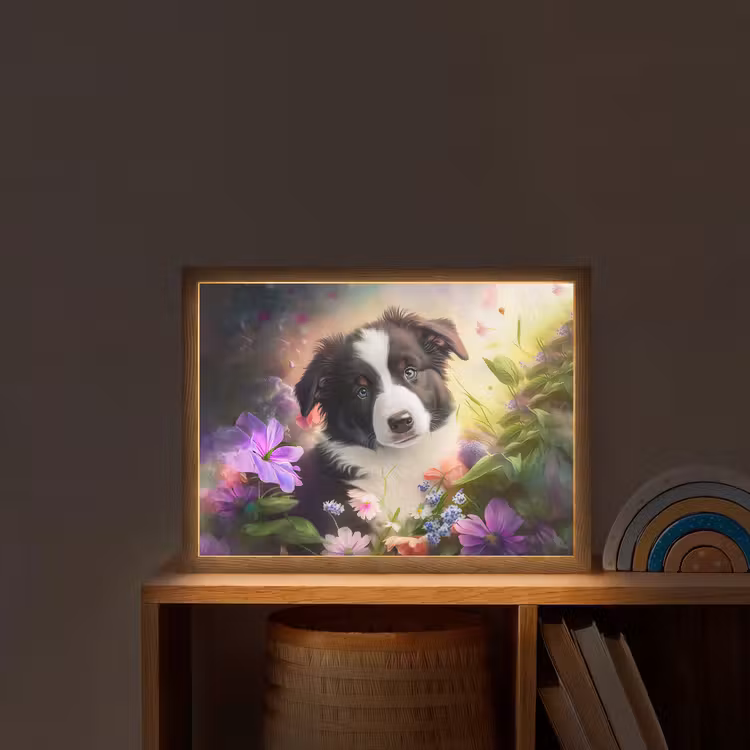 Puppy - Zon - Bloemen - Natuur - Bordercollie - Hond Light Box met batterij (Wandlamp kind) middel -sfeer1_kind