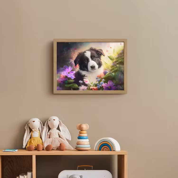 Puppy - Zon - Bloemen - Natuur - Bordercollie - Hond Light Box met batterij (Wandlamp kind) middel -sfeer2_kind
