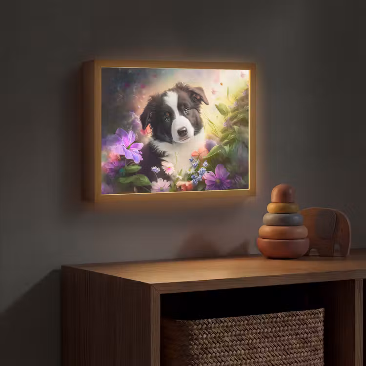 Puppy - Zon - Bloemen - Natuur - Bordercollie - Hond Light Box met batterij (Wandlamp kind) middel -sfeer5_kind