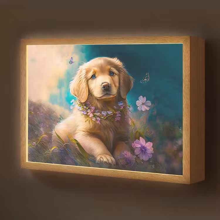Puppy - Bloemenkrans - Vlinder - Hond - Golden retriever Light Box met batterij (Wandlamp kind) middel -z3d_website