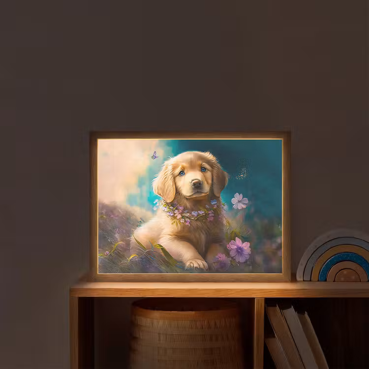 Puppy - Bloemenkrans - Vlinder - Hond - Golden retriever Light Box met batterij (Wandlamp kind) middel -sfeer1_kind