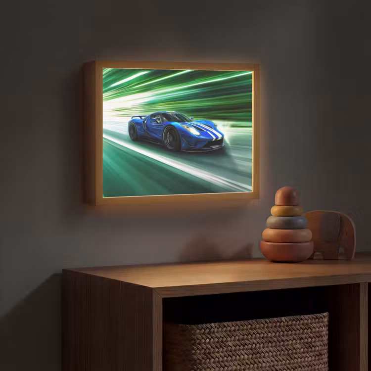 Race auto - Blauw - Groen Light Box met batterij (Wandlamp kind) middel -sfeer5_kind