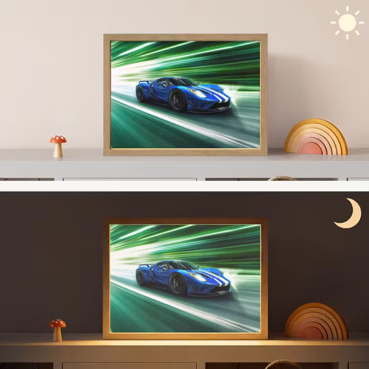 Race auto - Blauw - Groen Light Box met batterij (Wandlamp kind) middel -sfeer3_kind