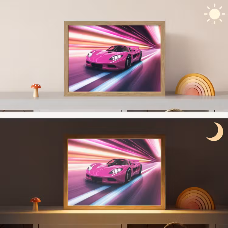 Raceauto - Roze - Neon Light Box met batterij (Wandlamp kind) middel -sfeer3_kind