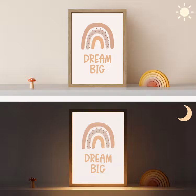 Regenboog - Quote - Dream Big - Pastel kleuren Light Box met batterij (Wandlamp kind) middel -sfeer3_kind