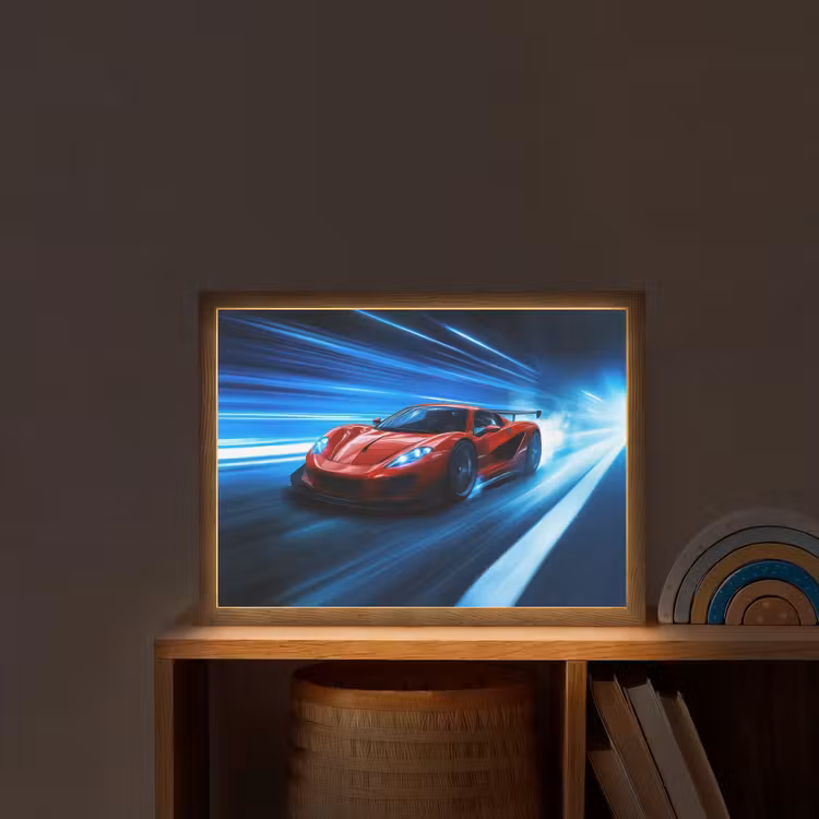 Rode raceauto - Blauw - Futuristisch Light Box met batterij (Wandlamp kind) middel -sfeer1_kind