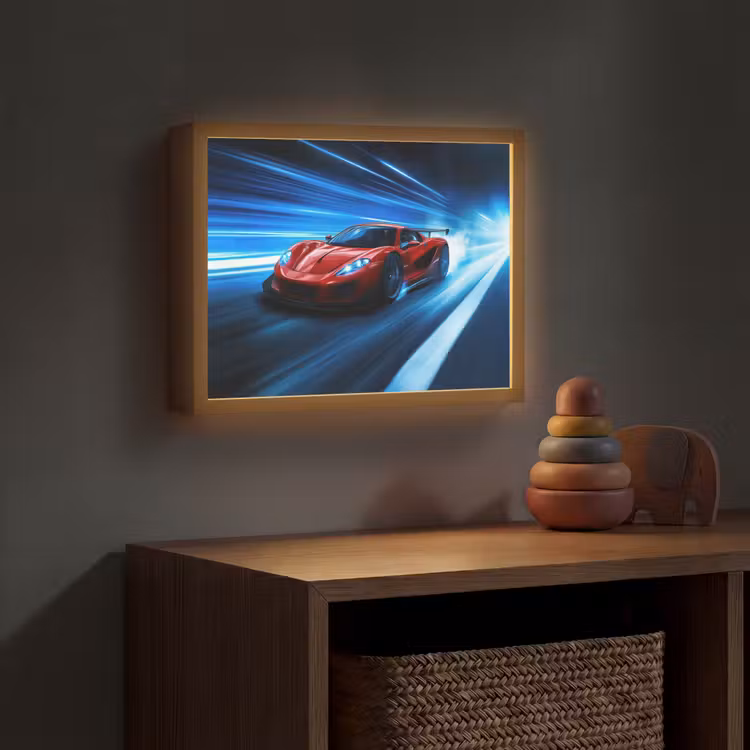 Rode raceauto - Blauw - Futuristisch Light Box met batterij (Wandlamp kind) middel -sfeer5_kind