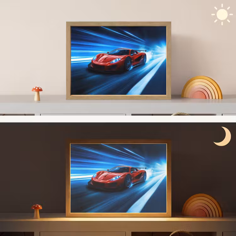 Rode raceauto - Blauw - Futuristisch Light Box met batterij (Wandlamp kind) middel -sfeer3_kind